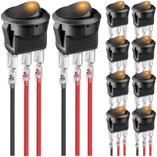 MKBKLLJY 10St. Runder Wippschalter Gelbe LED 12V 20A 3Pin Verdrahteter LED Licht Ein/Aus Schalter SPST Beleuchteter Kippschalter mit 30St. Verriegelten Anschlussdrähten für Auto LKW RV