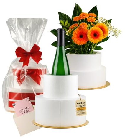 LA LILEYN Styropor Torte 2 Etagen mit Ausschnitt für Flasche, Blumen & mehr – als Bastelbox Bestehend aus 18 Einzelteilen - inkl. doppelseitigem Klebeband, goldener Boden – Clever als Geschenk