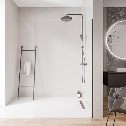 Bernstein Walk-In Dusche EX102 – Duschabtrennung aus 10 mm ESG Klarglas, Duschwand 140 x 200cm mit Nano-Beschichtung, Rahmenlos, Edelstahlprofil Schwarz, Glastrennwand ohne Bodenprofil