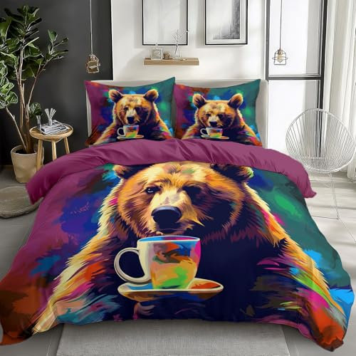 CozyRest Kinder Bettwäsche Set 100 x 135 cm, Tier Braunbär und Kaffeetasse Bettbezug Set 2 Teilig, Weiche Microfaser Wende Lila Bettwäsche mit Reißverschluss und 1 x 40x60cm Kissenbezüge