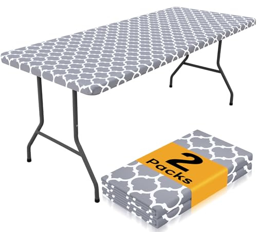 Smiry 2 Pack Rectangle Table Cloth 6 Foot, Waterproof Elastic Fitted Tablecloths, Windproof Washable Polyester Table Cover for Picnic, Camping, Outdoor (Grey, 30x72)