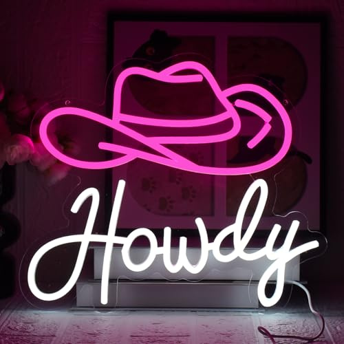 UExnkj-Y Cowboyhatt neonskylt Howdy neonskyltar rosa vit neonskylt med USB dimbar neonskylt för sovrum, lekrum, hotell, bar, studio, väggdekoration