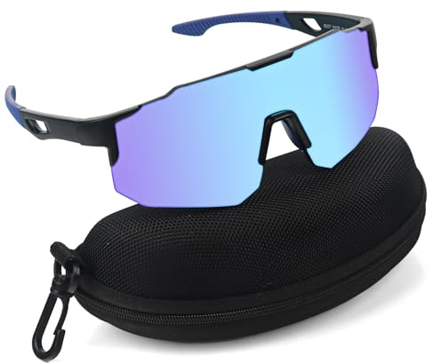 TIVUNORON Fahrradbrille Sport Sonnenbrille Schwarzer Rahmen blauer Film Radsportbrillen Polarisiert Radsportbrillen für Herren Damen