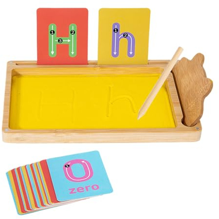 Lettera di sabbia Tracciano vassoio, vassoio di sabbia in legno - Tavole da scrittura di sabbia per bambini - Gioco di ortografia sensoriale, giocattoli per abilità motorie, attività educativa per la