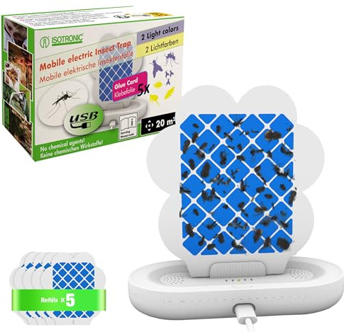 ISOTRONIC Trampa móvil para insectos voladores, trampa para moscas de la fruta para interior, luz para insectos, trampa para mosquitos, trampa para polillas, sin olor, dispositivo + recambios (trampa