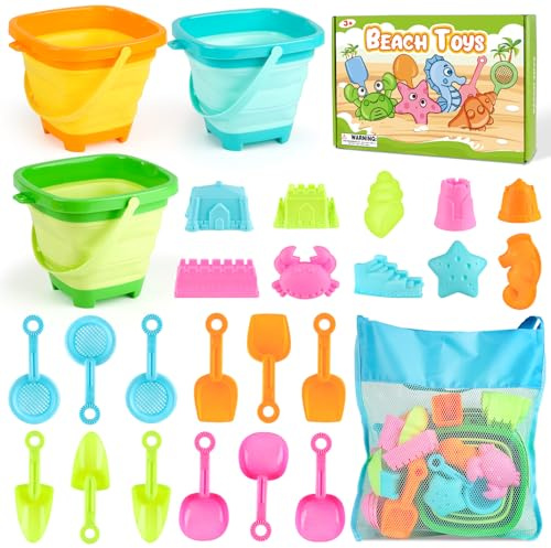 Dreamon Beach Toys for Kids 3-10, Collapsible Sand Toys Include 3 Pack Foldable Buckets, 24 PCS Beach Mold and Shovels Molds, Travel Sandbox Beach Toys for Kids Toddler with Mesh Bag