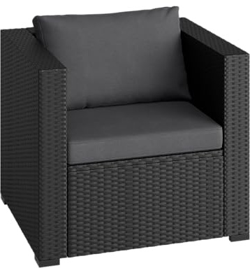STEELSØN Veloria Rattan Gartensessel – Gartenstuhl schwarz/anthrazit – Outdoor Loungesessel mit Kissen & Polster – Armlehnenstuhl für Garten/Balkon/Terasse wetterfest 65x76x65 cm (HxBxT)