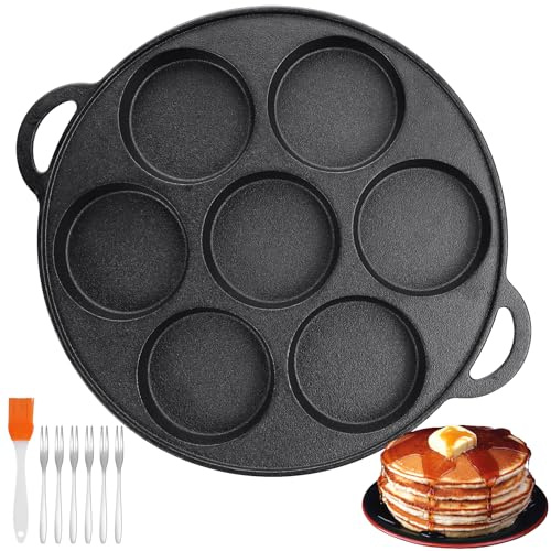 Hioph 7 Holes Mini Pancake Pan, Cast Iron Pancake Pan with Handle, Suitable for Muffins, Schnitzels and Eggs, Oven Safe, 26cm with 7 Holes (Black)