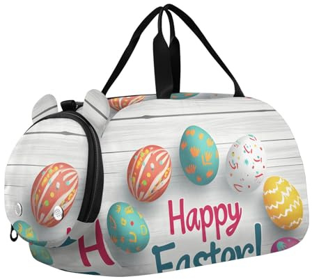 Quteprint Sac de sport pour enfants pour garçons et filles – Œufs de Pâques en bois 100 % polyester avec compartiment séparé pour chaussures, bandoulière réglable, sac compact de voyage et