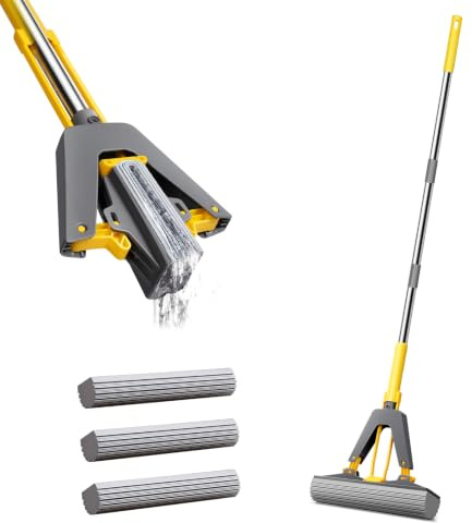 OZD Sponge Mop, Highly Absorbent Floor Mop with 3 PVA Sponge Heads, Self Wringing Adjustable Handle, Squeeze Mop for Hardwood, Laminate, Tile Floor Cleaning, Yellow
