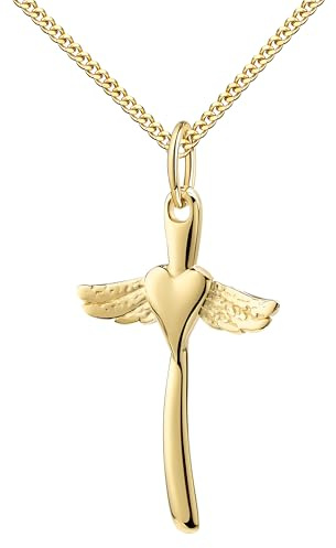 JEVELION Kleiner Kreuz Anhänger Gold 585 mit Herz und Engelsflügeln Goldkreuz mit Halskette oder ohne Kette wählbar + Schmuck-Etui + Echtheitszertifikat
