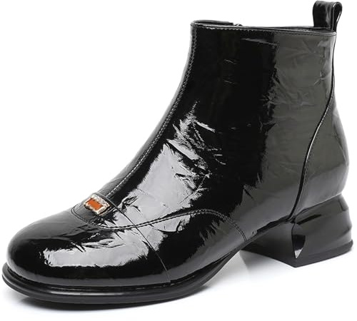 sekiueo Botines De Charol para Mujer Botas De Senderismo De Tacón Bajo Y Grueso con Cremallera Lateral Botas De Moda,Negro,38 EU