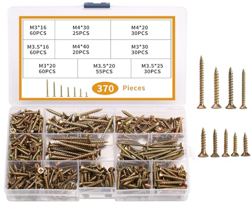 370 Stück Selbstschneidende Schrauben Set, Kreuz Flachkopf Senkkopf Betonschrauben verzinkt, Trockenbauschrauben, Holzschrauben für Türscharniere, Reparaturen, DIY-Projekt