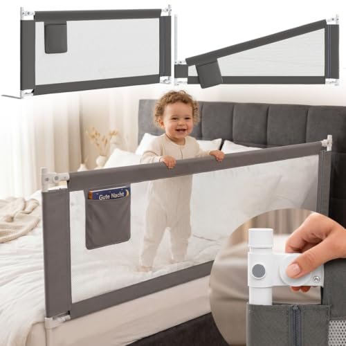 Bellabino Drina Rausfallschutz 200 cm, Dunkelgrau, mit Gurt, Seitentasche | Bettschutzgitter höhenverstellbar 64-95 cm, Baby Bettumrandung, Schutzgitter Bett/Kinderbett, Bettgitter, Bettrausfallschutz
