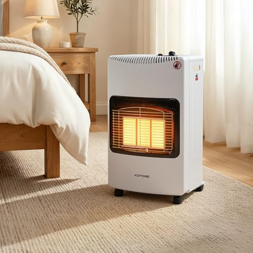 DKIEI Portable Gas Heater, 4.2KW 3 Heating Settings Calor Gas Heaters with Wheels, Hose and Regulator, Indoor Outdoor Butane Cabinet Heater for Home Office Camping Garage, 42 * 30 * 73cm, White