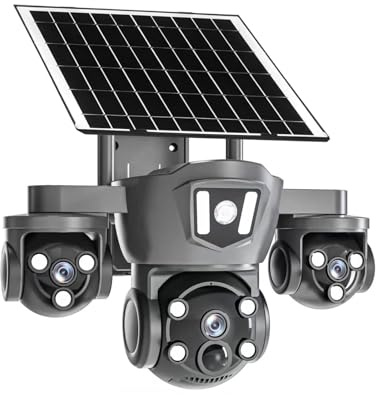 Solar Security Camera Outdoor Wireless,350° PTZ Battery Powered Outdoor Camera,3 Lens 2.4G WiFi Surveillance Camera with Light Color Night Vision for Home Security,APP Motion Sensor Alarm IP65