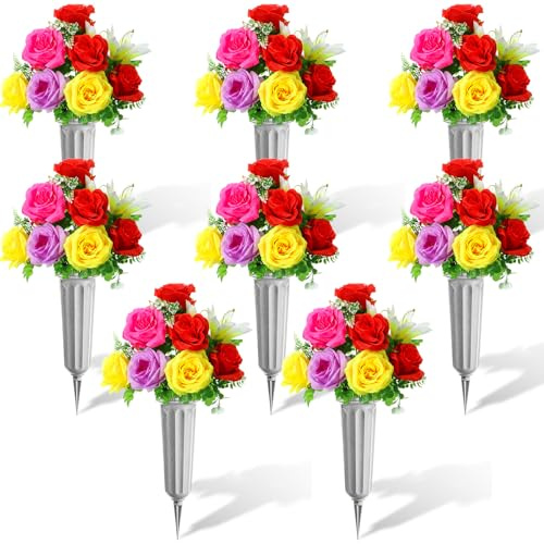 Tigeen 8 Sets Memorial Day Cemetery Flowers with Grave Vase Artificial Memorial Flower Bouquets Red Pink Yellow Silk Rose Lily Spring Floral Arrangement for Gravesites Headstone Outdoor Decor