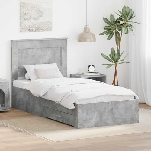 Qnhdfrt Grey-O Modern Storage Bed Frame with Drawer and Headboard, Engineered Wood Double Bed Frame, Adjustable 90.4-100 cm High, Robust Slatted Base for Contemporary Bedroom
