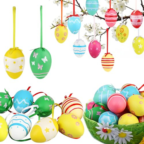 24 Stück Ostereier Deko zum Aufhängen 6cm Ostereier Plastik Mit Schleife Wiederverwendbare Bunte O-stereier Zum Aufhängen, O-stereier Zum A-ufhängen Draussen für Osterstrauch, Zweige & Fenster