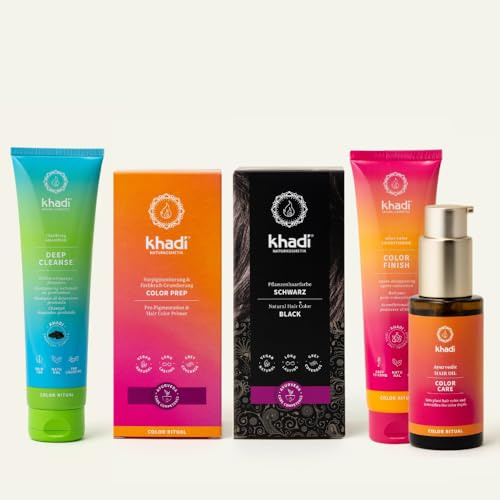 khadi Pflanzenhaarfarben ColorCycle Bundle – SCHWARZ Pflanzenhaarfarbe + Deep Cleanse Shampoo + Color Finish Conditioner + Color Care Haaröl + Color Prep Vorpigmentierung