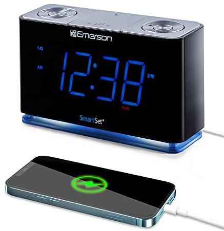 Emerson CKS1507 Smartset Radio Alarm Clock, 1.4 Blue LED Digital Display, USB Charging Port, Brightness Dimmer Controls, Bluetooth Connectivity, Set Alarm to Radio, Music, or Buzzer, Black