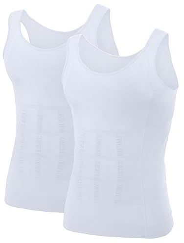 TOPTIE Män bantning kroppsformare kompressionströja formkläder skulptering väst muskel tank, 2-pack vit, M