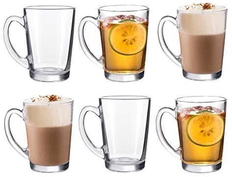 Royal Cuisine Set of 6 Heat Resistant Handled Black/Green Tea Cups Cappuccino/Coffee Latte Milk iced Coffee Glass Mugs Great Gift for Espresso hot Chocolate Tea Lovers 295ml