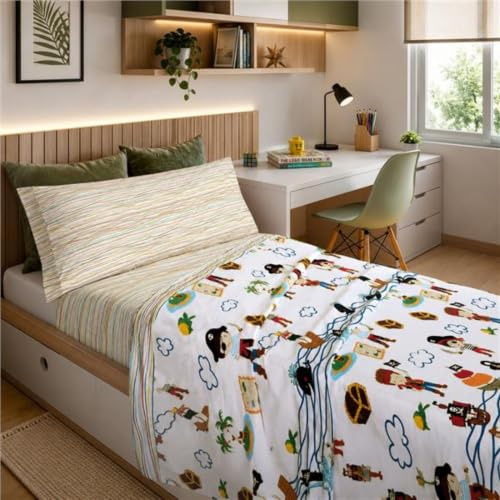 Juego de Sábanas Infantil Cama 90, 3 Piezas con Bajera Ajustable, Encimera y Funda de Almohada, Percal 52% Poliéster 48% Algodón, Ropa de Cama Niño Niña (Caribe, para Cama de 90x190/200)