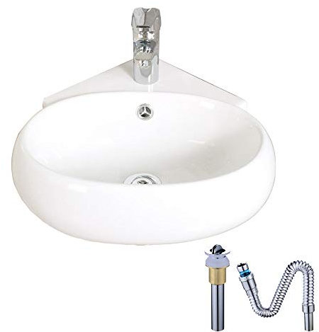 HomeLava Kleines Waschbecken Handwaschbecken 36 cm Mini Wandmontage Keramik Weiß Eckig und Oval mit Überlauf und Ablaufgarnitur für Badezimmer (ohne Wasserhahn)
