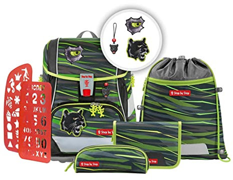 Step by Step Schulranzen-Set 2IN1 Plus „Wild Cat Chiko“ 6-teilig, grün-schwarz, Panther-Design, ergonomischer Tornister mit Reflektoren, höhenverstellbar mit Hüftgurt für Jungen 1. Klasse, 19L