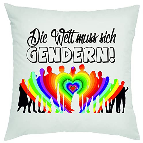 Crealuxe Die Welt muss Sich gendern Regenbogen Zierkissen, Sofakissen, bedrucktes Kissen, Baumwollkissen