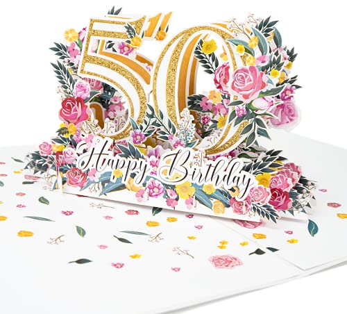 LIMAH® Pop-Up 3D Grußkarte/Hochwertige PopUp 3D Geburtstagskarte zum 50. Geburtstag/Happy Birthday Motiv/in weiß Gold/Groß mit Glitzer