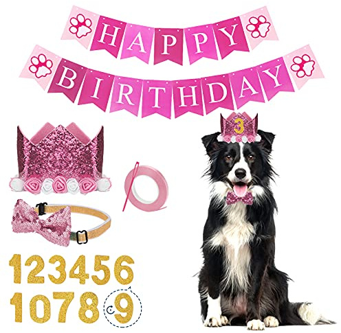 Suministros para fiestas de cumpleaños para perros, juego de decoraciones para fiestas de perros, corona de cumpleaños, pajarita y pancarta de feliz cumpleaños para perros y gatos, color rosa