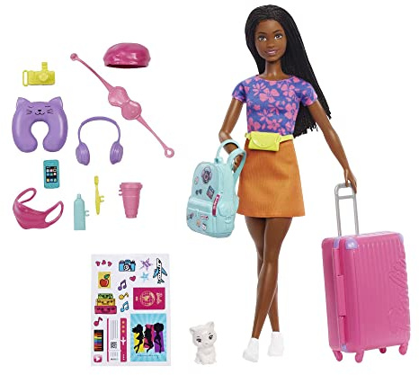 Barbie Vita in Città - Bambola da Viaggio 'Brooklyn' Roberts Con Gattino, Accessori e Adesivi, Giocattolo per Bambini 3+ Anni, HGX55