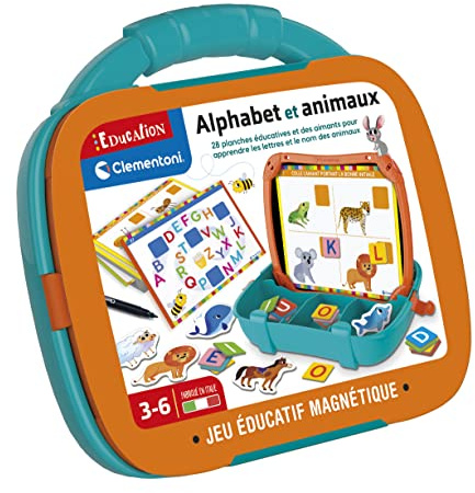 Clementoni | Maletín magnético del Alfabeto y los Animales de 3 a 5 años | Letras magnéticas, Pizarra borrable, Incluye Libro de Aprendizaje, Actividad de Aprendizaje Montessori, Juego de guardería