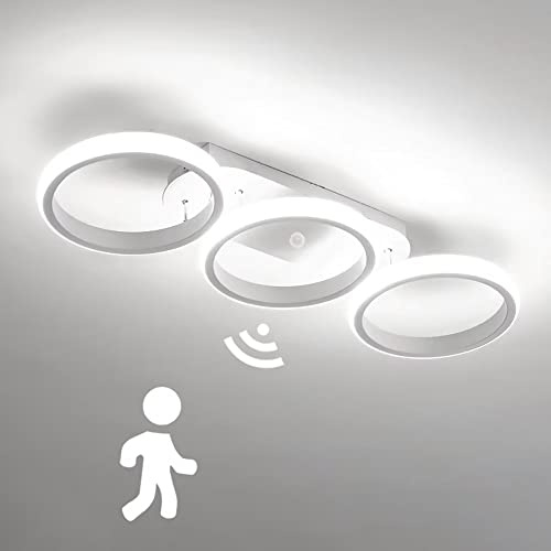 KZT LED Deckenleuchte mit Bewegungsmelder Moderne Flur Deckenlampe mit Sensor Weiß Ring Design Deckenbeleuchtung für Treppe Wohnzimmer Balkon Küche Garage Veranda BüRo Lampen (6000K)