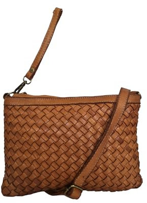 zarolo Leder Umhängetasche mit Handgelenkschlaufe, Leder Clutch geflochten,Damen Schultertasche klein, Cross body Tasche geflochten Z2141, Umhängetasche in USED Look Italienische Handarbeit
