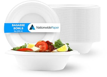Nationwide Paper 8oz 50pcs White Bagasse Sugarcane Disposable Bowls, Strong Biodegradable Bowls for Hot Food, Soup, Salad (235ml)