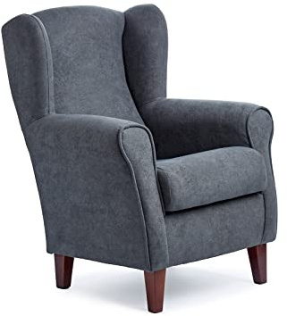 Sillonea - Ohrensessel Rom, Kleiner Sessel für Wohnzimmer, einzelner Lesesesessel, ideal zum Fernsehen/Lesen, Maße: 100 x 74 x 77 cm, Bezug mit schmutzabweisendem Stoff (Marengo, Nussbaum)