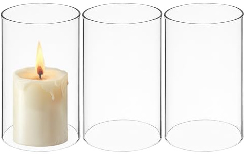 HOMSFOU 3 Portavelas de Vidrio Cilíndrico Transparente, A Prueba de Viento, para Decoración Mesa, Boda y Hogar