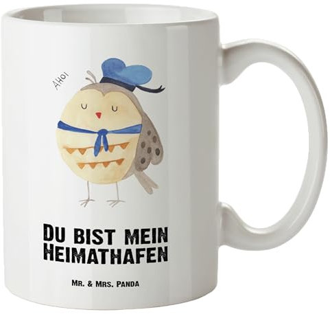 Mr. & Mrs. Panda XL Tasse Eule Matrose - Geschenk, Jumbo, Große Keramiktasse, Riesenkaffeetasse, Kapitän, Hochzeitstag, Heimathafen, Owl, Mit Henkel