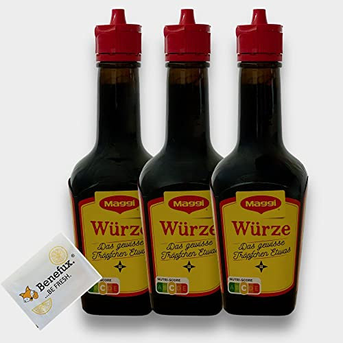 Maggi Würze Das gewisse Tröpfchen Etwas für Suppe, Eintopf, Dressing, Marinade 3x 125g + Benefux. Erfrischungstuch