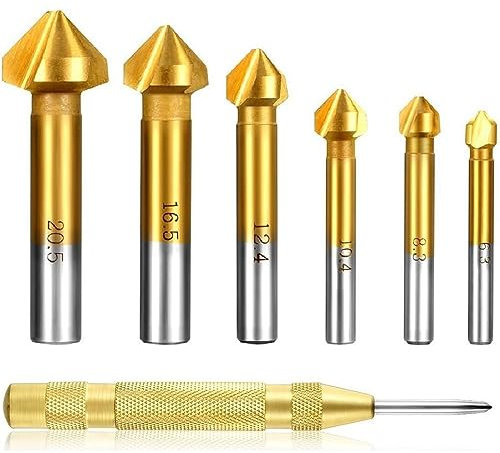 Shallho Set di 6 svasatori conici a 90° HSS, con rivestimento in titanio, Ø 6,3 – 20,5 mm, con 1 pezzo in ottone automatico Center Punch