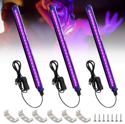 Vegena Tubo de luz negra, 3 unidades, 5 W, 24 ledes, 28 cm, tira LED negra con interruptor, USB UV LED negro, luz negra, luz de fiesta para fiestas, accesorios de escenario, pintura corporal