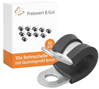10 STK Rohrschelle mit Gummiprofil für 8 mm Kabel aus Edelstahl M6 | Rostfreie Rohrklemme zur sicheren Rohrbefestigung, mit Gummieinlage und Halterung für 6M Schraubbolzen