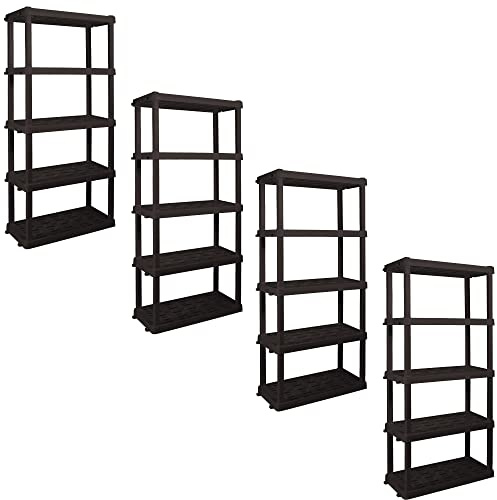 5 Tier Shelf Garage Plastic Shelving Unit Storage Shelves 400 lbs (180 kg) Interlocking Racking Shelves Multipurpose Organizer for Kitchen Workshop Office 45.72 x 91.44 x 187.45 cm Pack of 4- Black