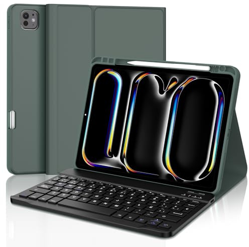 SENGBIRCH Funda con Teclado para iPad Pro 11(M4) 2024 - Teclado Español Ñ Bluetooth Inalámbrico Extraíble para Tablet iPad Pro 11 Pulgadas (M4) 2024, Verde Oscuro