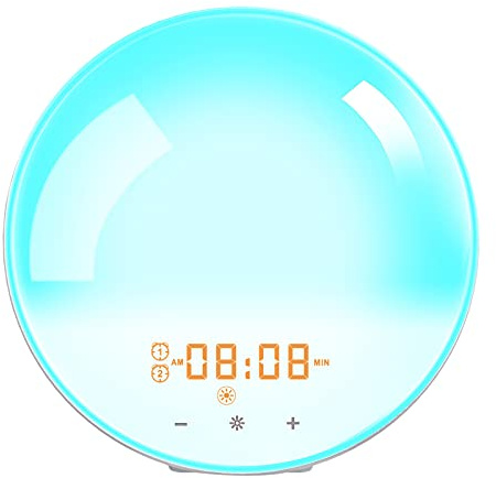 Irfora Multifunktionales Licht Smart Clock Tischlampe mit UKW-Radiowecker Schlummerfunktion Nachttischlampe Digitaler Wecker mit Sonnenlichtsimulation