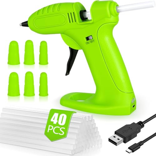 SaiXuan Heißklebepistole Set – 2600mAh Wiederaufladbarer Akku, mit 40 Klebesticks 7mm & 6 Silikon FingerhülseSilikon-Fingerschutz und USB-Kabel, für DIY, Heimreparaturen und kreative Projekte