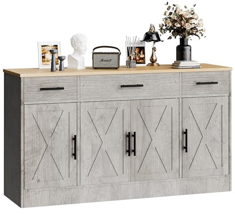 SUNLEI Kitchen Buffet Sideboard Cabinet, Wooden Storage with 4 Doors and 3 Drawers, Adjustable Shelf, Modern Farmhouse Coffee Bar Cabinet with Storage for Kitchen/Laundry/Living Room, Grey